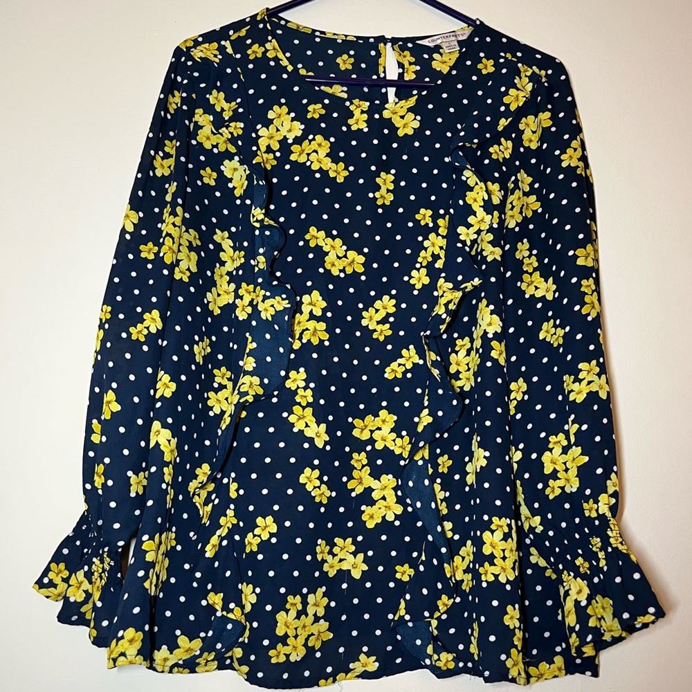 Counterparts Women’s Blouse Navy with Yellow Flower&White Polka Dots size Large